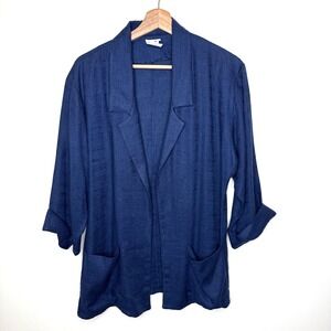 Vintage Lagenlook Flax Blend Open Blazer Jacket Womens‎ 12 Blue Pockets Made USA